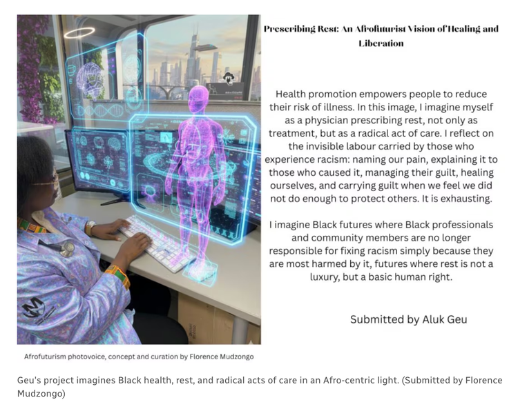 screenshot from the article about an afrofuturist photovoice project in which an AI-generated image of a Black woman prescribing rest as a treatment is juxtaposed with an explanation